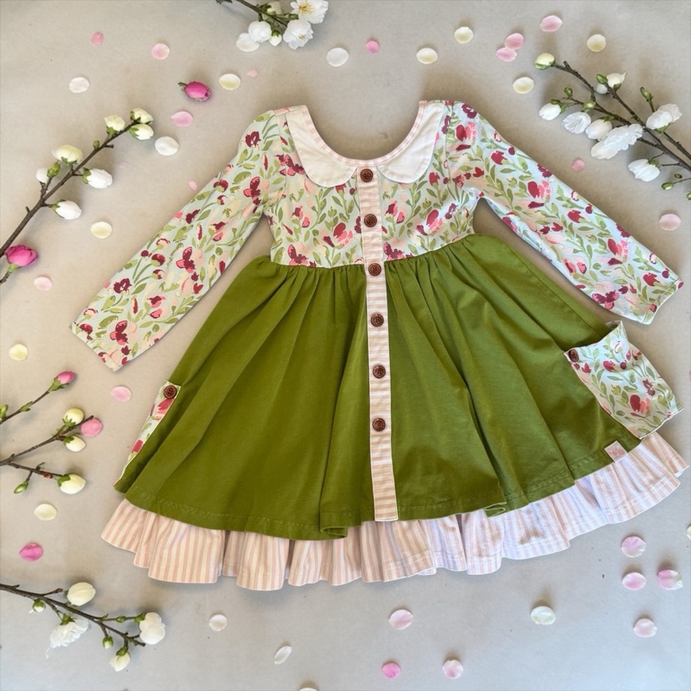 SweetHoney Floral & Olive Green Twirl Dress Peter Pan Collar 4T